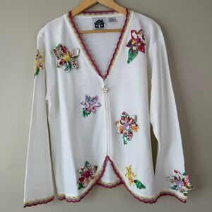 Storybook Knits Shimmering Arrangement Zipper Cardigan Embellished XL Floral